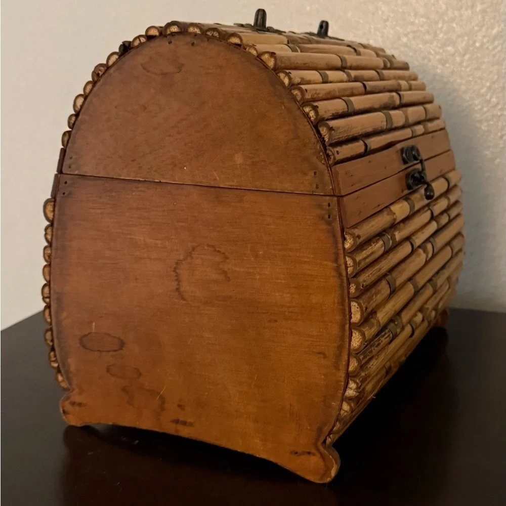Vintage Bamboo Wooden Chest Trinket Box | Rustic Boho Storage | Rare Collectible